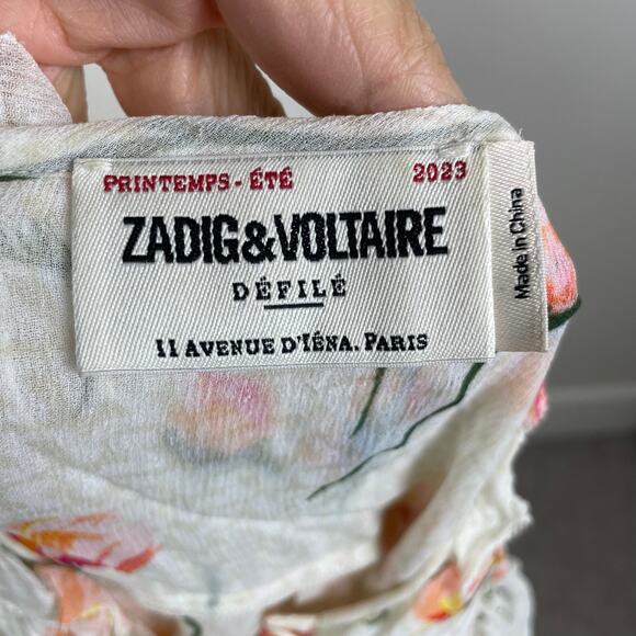 Zadig & Voltaire White Floral Ruffle Rackel Chiffon Long Sleeve Mini Dress Small - Picture 9 of 12